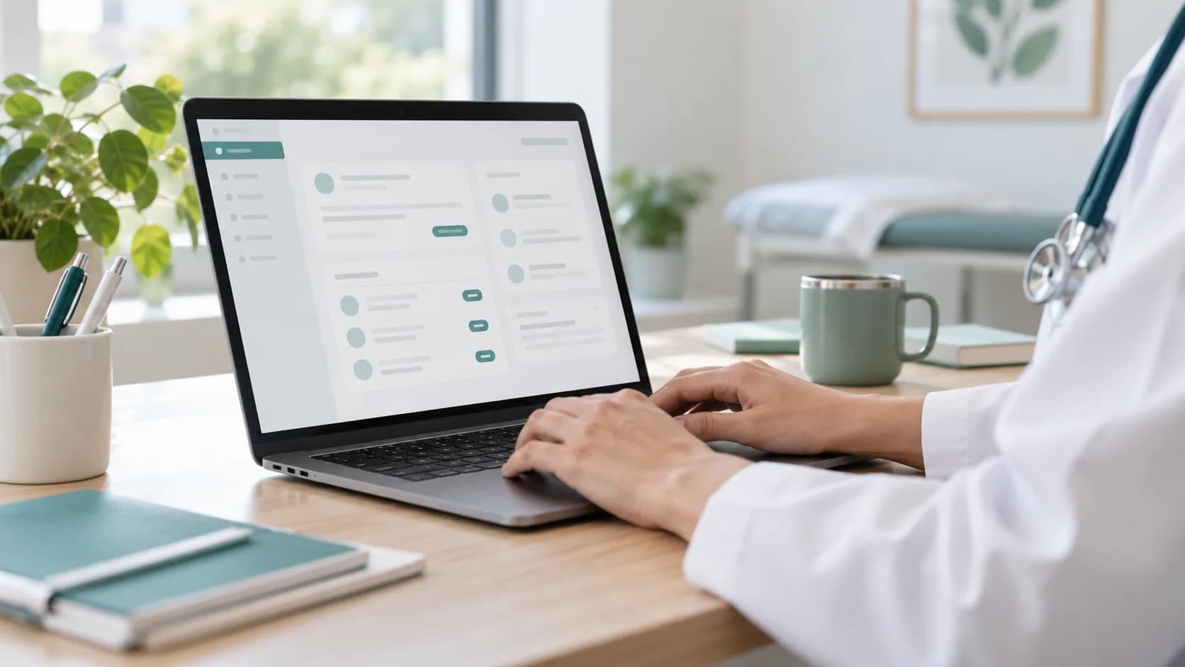 Profissional usando computador em ambiente clínico com interface sem dados legíveis