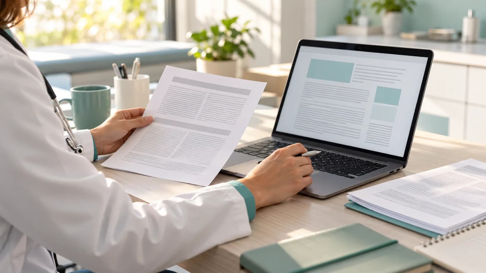 Profissional comparando referências impressas com um documento digital