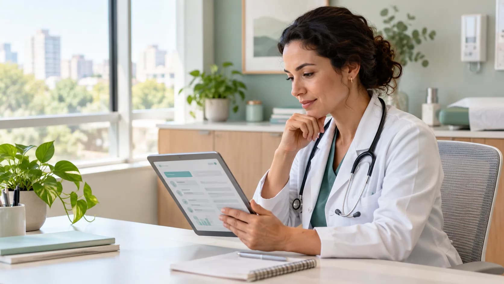 Profissional de saúde revisando um plano em tablet no consultório